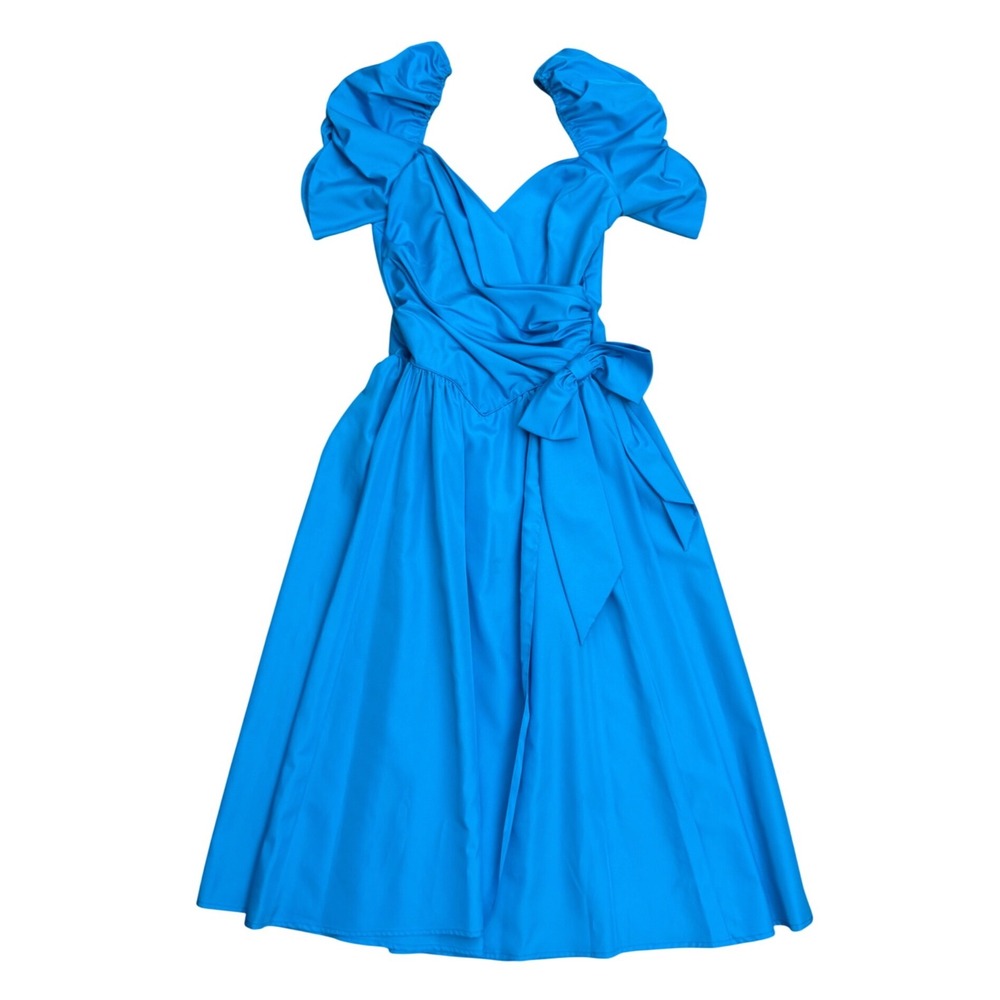Vtg Blue Gown Puff Sleeve drop waist Sweetheart Neck Bow Tea gown Dress Cottage
